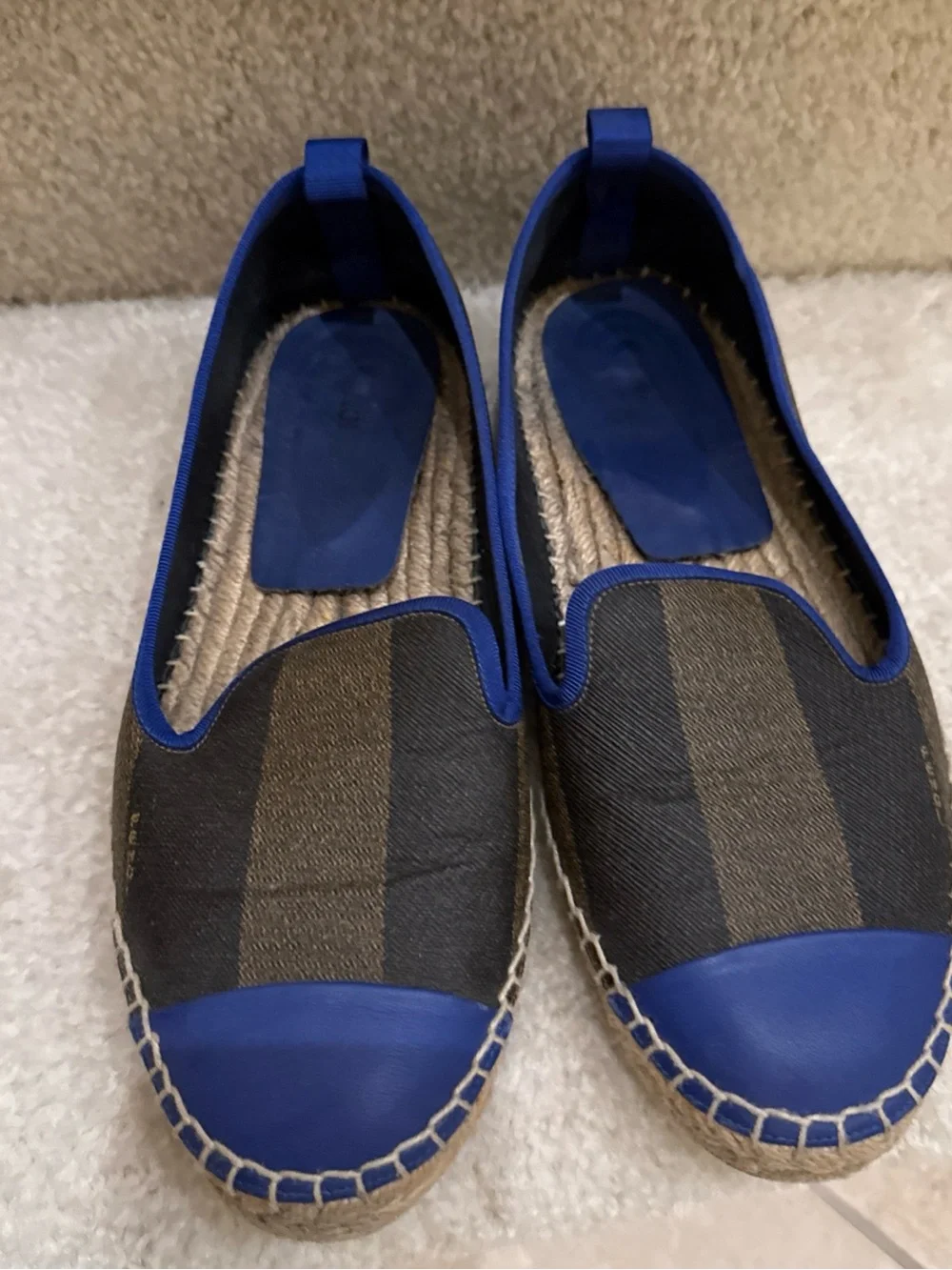 Fendi Brown Peqiun Striped Canvas Blue Leather Cap Toe Espadrilles Flats Shoes 8
